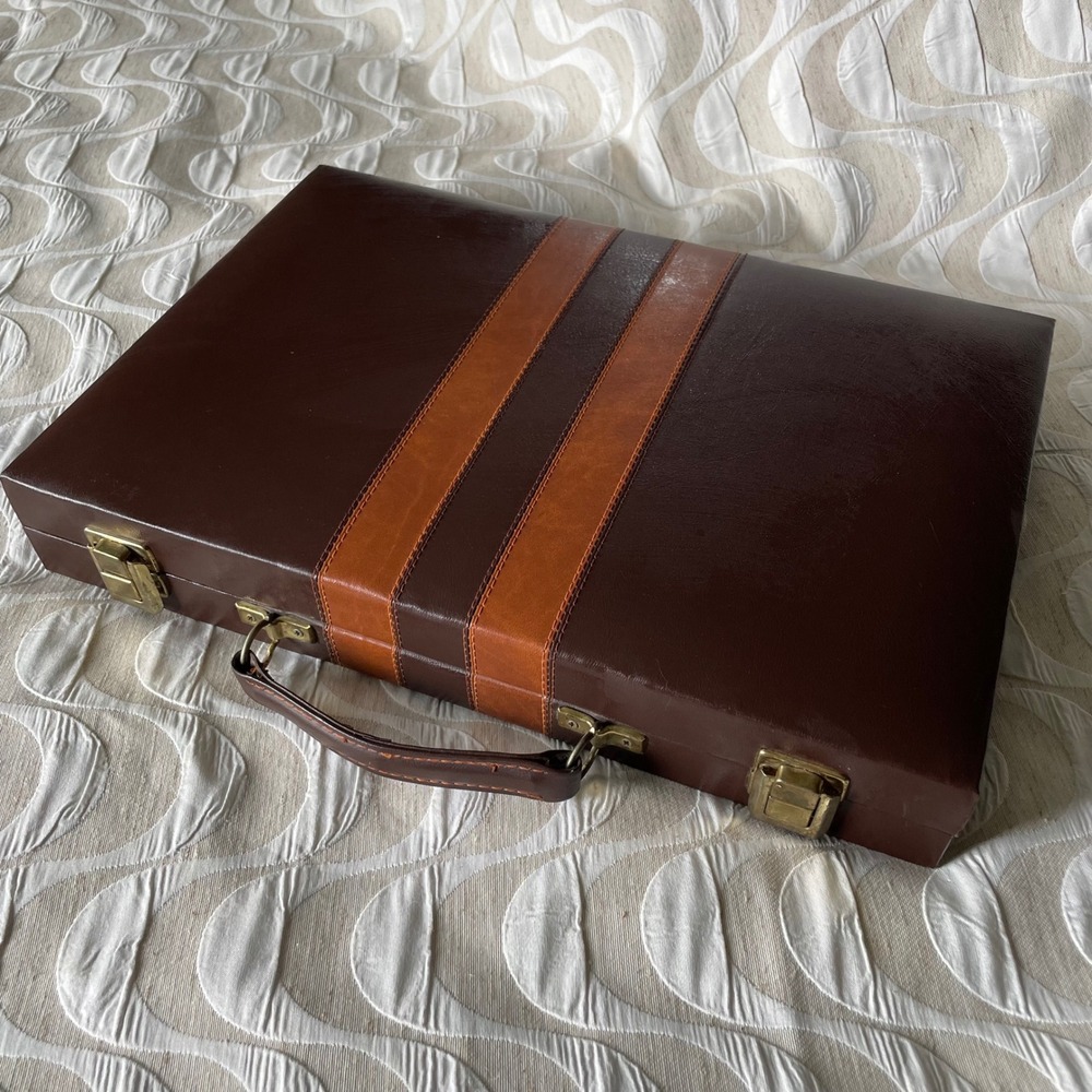 Vintage Backgammon Set Brown Faux Leather Carrying Case Striped Travel Game 15in